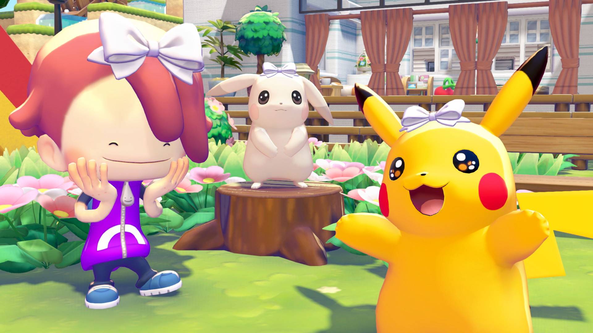 Pokémon Pokopia: Pikachu und weitere Pokémon freuen sich gemeinsam in einer bunten Gartenlandschaft.