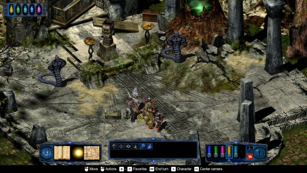 Pool of Radiance: Ruins of Myth Drannor – Eine Heldengruppe steht in einer alten Tempelruine zwei gefährlichen Kobraschlangen gegenüber.