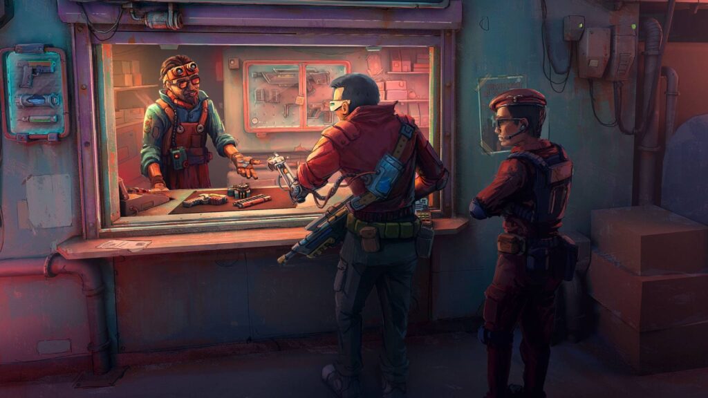 Probably Stolen: Ein Händler verkauft in seinem Laden auf einer futuristischen Raumstation eine Waffe an einen bewaffneten Kunden, während ein Sicherheitsbeamter danebensteht.