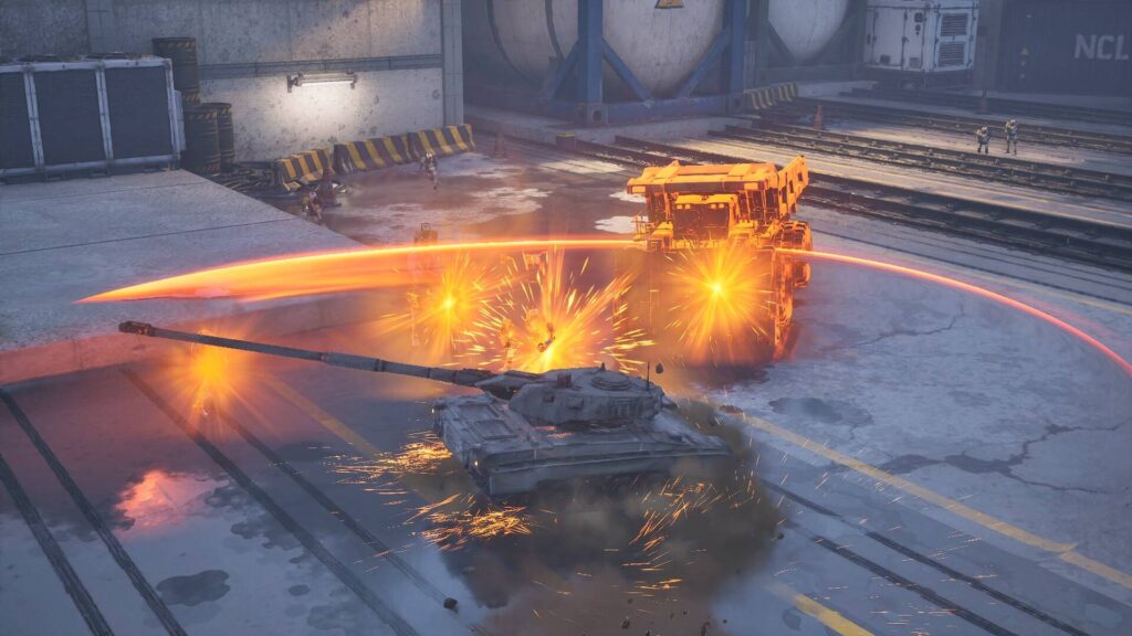 SLAM TANK zeigt einen Panzer, der mit seinem Geschützrohr einen riesigen Roboter angreift und einen Funkenregen auslöst.