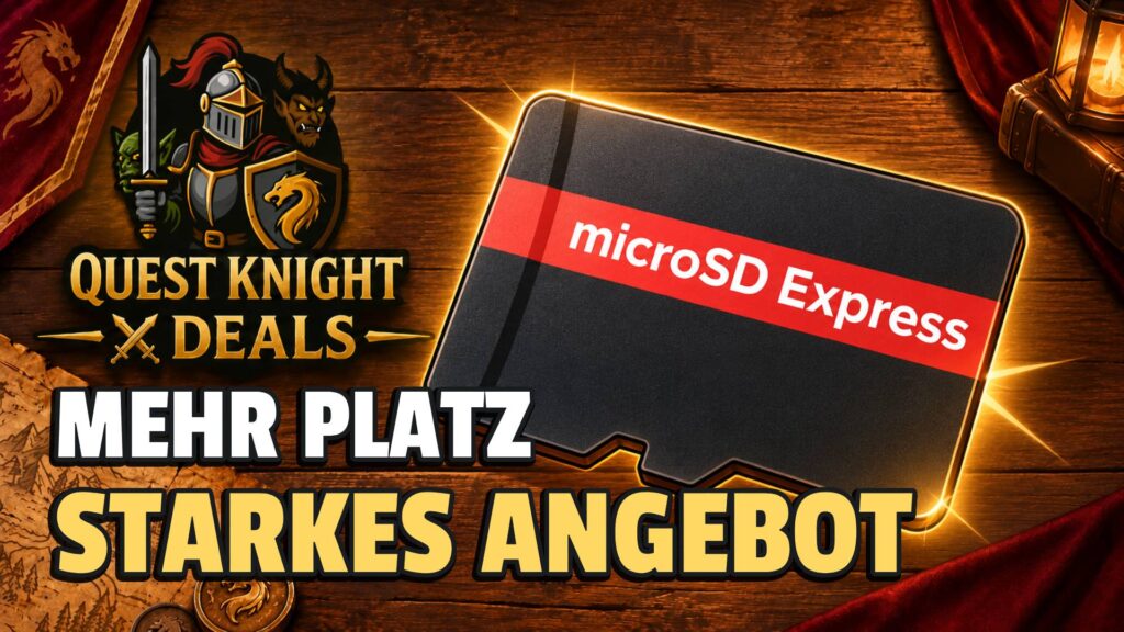 SanDisk microSD Express mit 512 GB im Comic-Look auf dem Quest-Knight-Deals-Hintergrund.