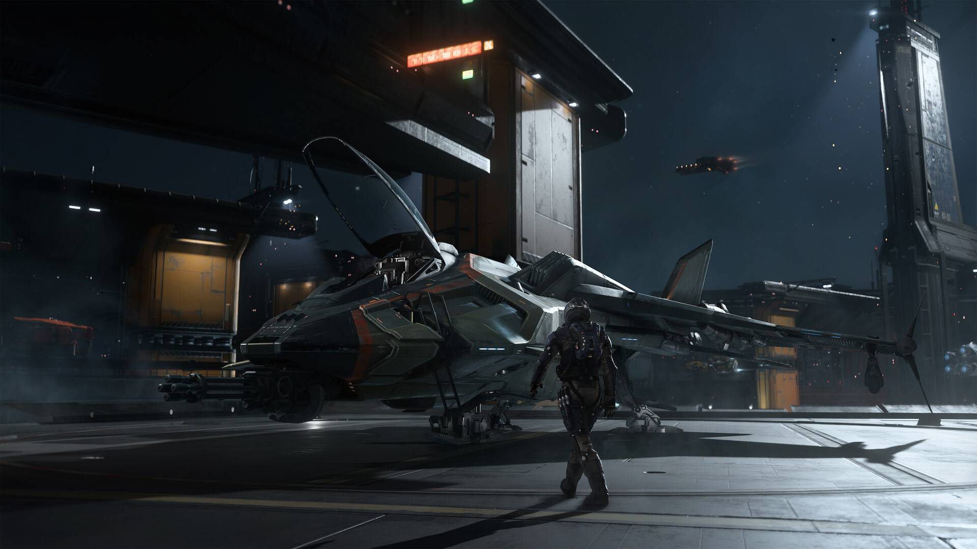 Squadron 42 Pilot vor einem Raumschiff in einem futuristischen Hangar
