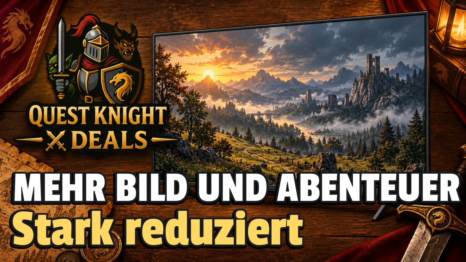 Quest Knight Deals mit großem Fernseher und Fantasy-Landschaft