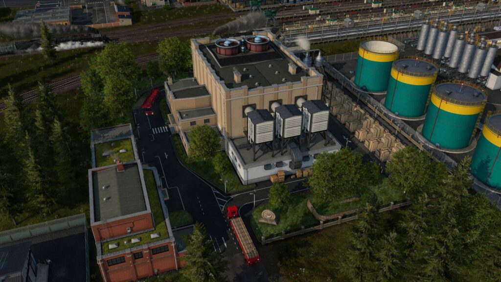 Transport Fever 3 Industrieanlage mit Lkw und Gütertransport