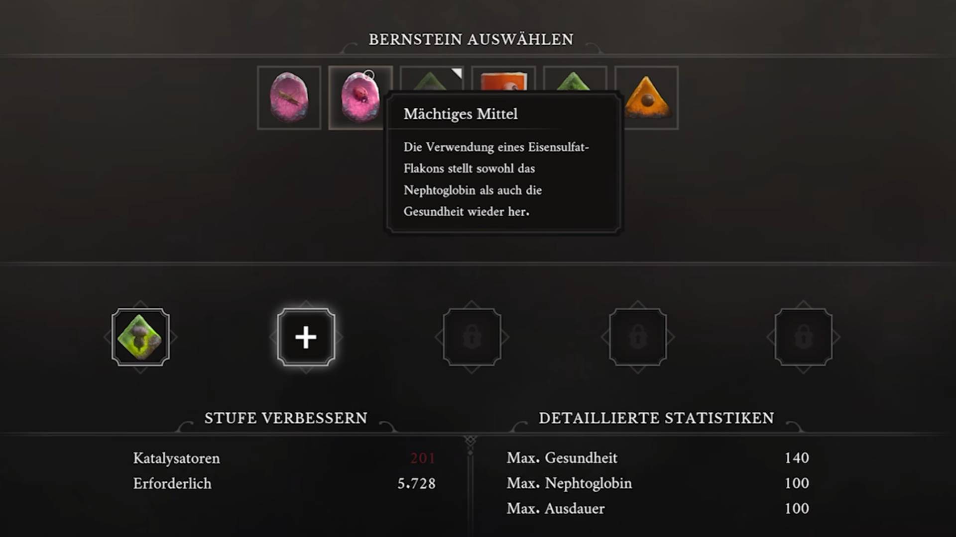 Bernsteine ausrüsten und gesperrte Bernsteinplätze in Valor Mortis