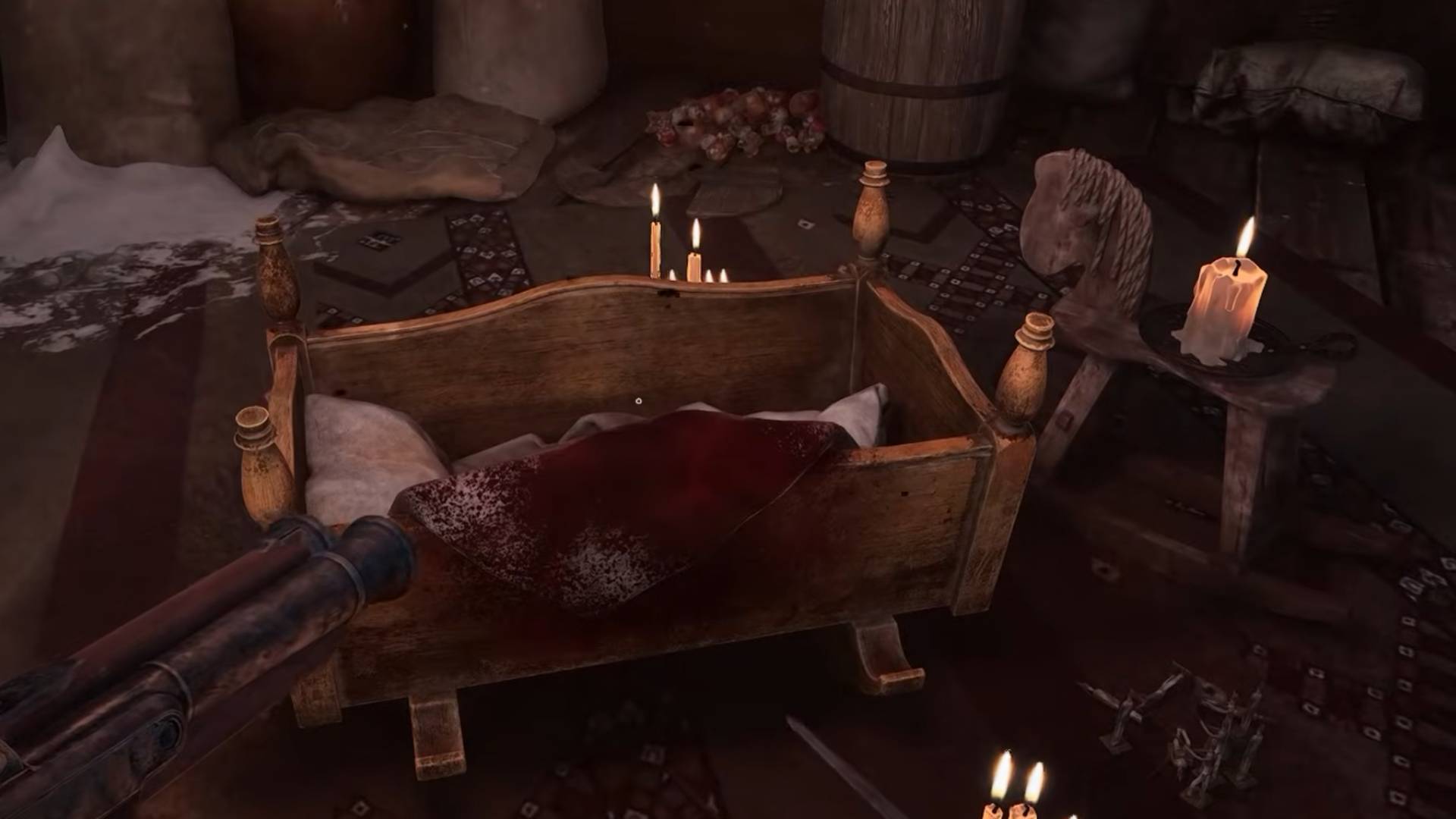 Blutverschmierte Wiege in der Nebenquest „Wiegenlied“ in Valor Mortis