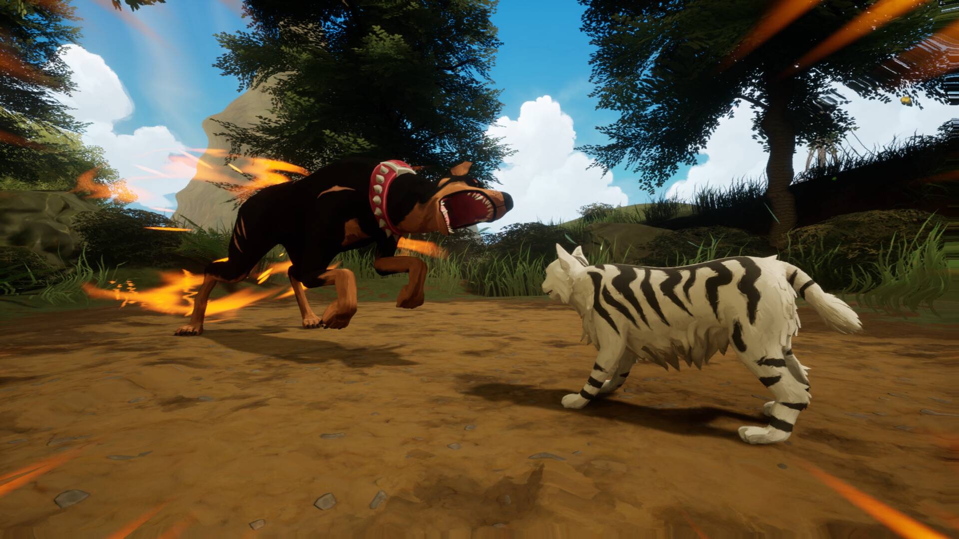 Warrior Cats: Clans of the Forest zeigt eine weiß-schwarz gestreifte Katze im Kampf gegen einen angreifenden Hund mit feurigen Effekten.
