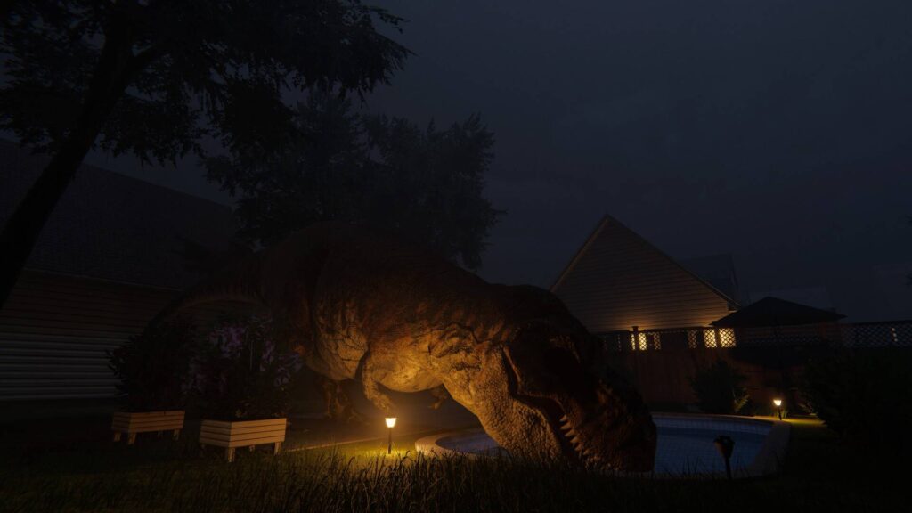 Welcome to Sunnybrook: Ein riesiger Tyrannosaurus Rex streift nachts durch den Garten eines Ferienhauses und lauert im Dunkeln.