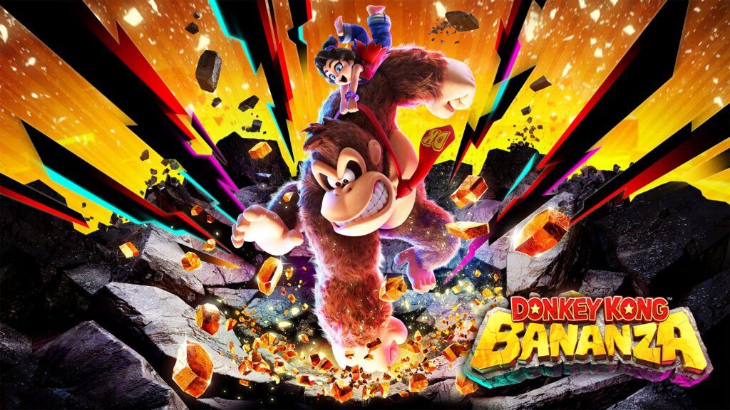 Donkey Kong und Pauline auf dem offiziellen Keyart zu Donkey Kong Bananza für die Nintendo Switch 2, umgeben von explodierenden Felsen und goldenen Gesteinsbrocken.
