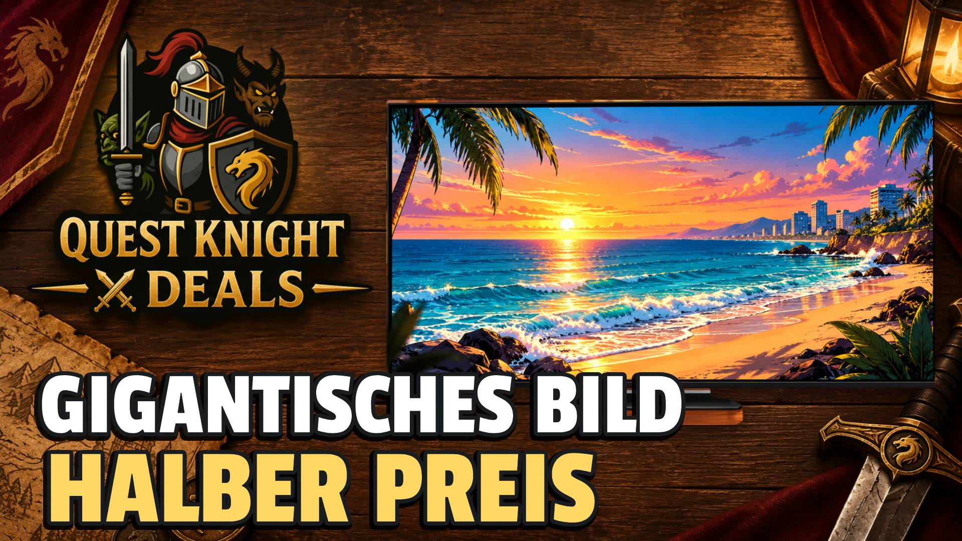 Hisense 65UR8DS Gaming-Fernseher im Comic-Look mit tropischem Sonnenuntergang auf dem Bildschirm, Quest-Knight-Deals-Logo und der Aufschrift „Gigantisches Bild – Halber Preis“.