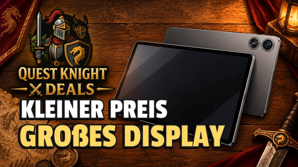 Quest Knight Deals mit schlichtem Tablet auf einem Fantasy-Holztisch
